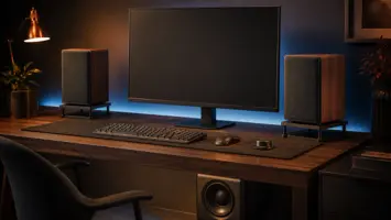 Kompakte PC-høyttalere på hver side av en skjerm med subwoofer under skrivebordet