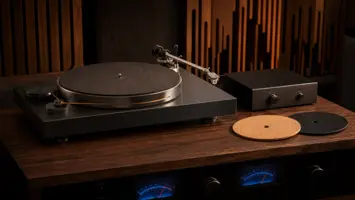 Minimalistisk reimdrevet platespiller med separat phonoforsterker og to platematter