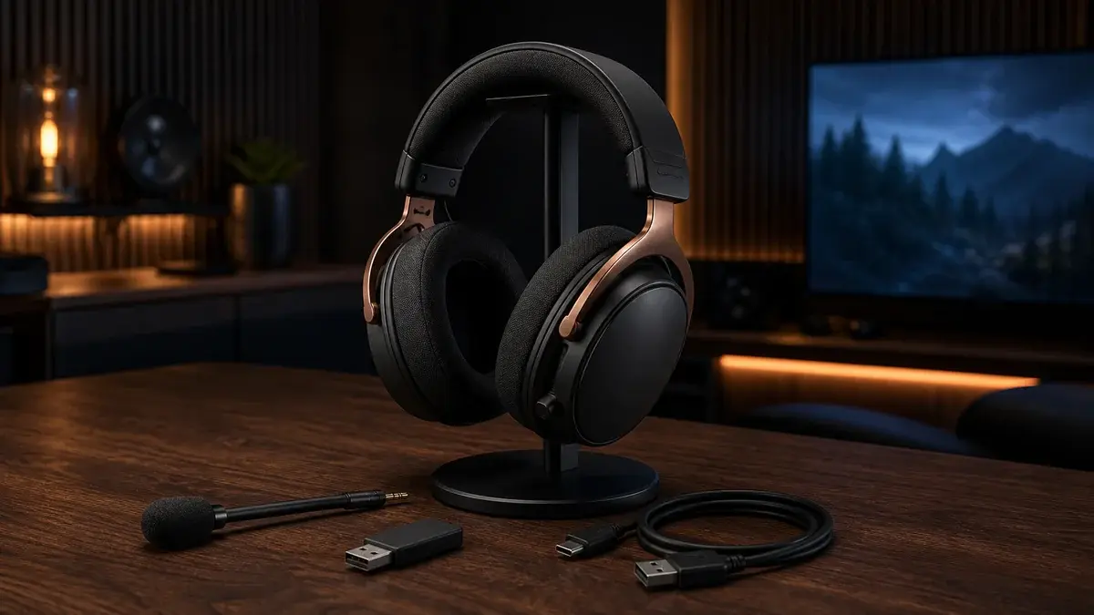 Trådløst gamingheadset på stativ med avtakbar mikrofon, mottaker og ladekabel