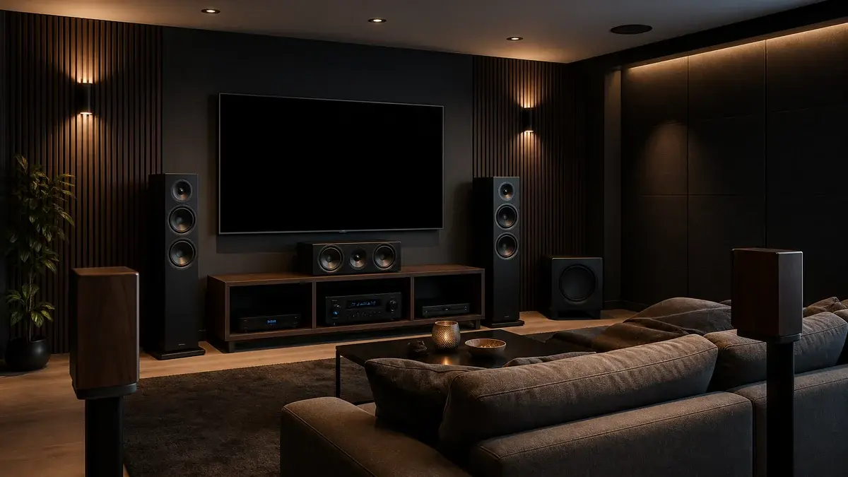 Hjemmekino med TV, AV-receiver, gulvhøyttalere, senterhøyttaler og subwoofer