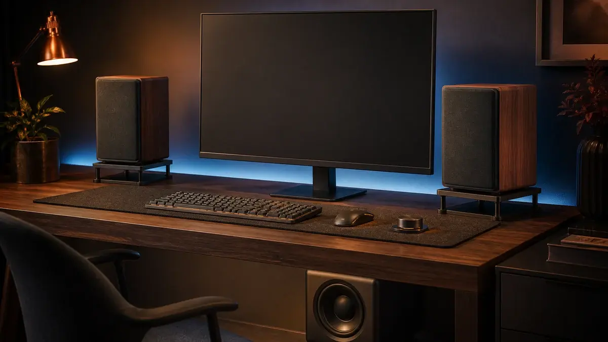 Kompakte PC-høyttalere på hver side av en skjerm med subwoofer under skrivebordet