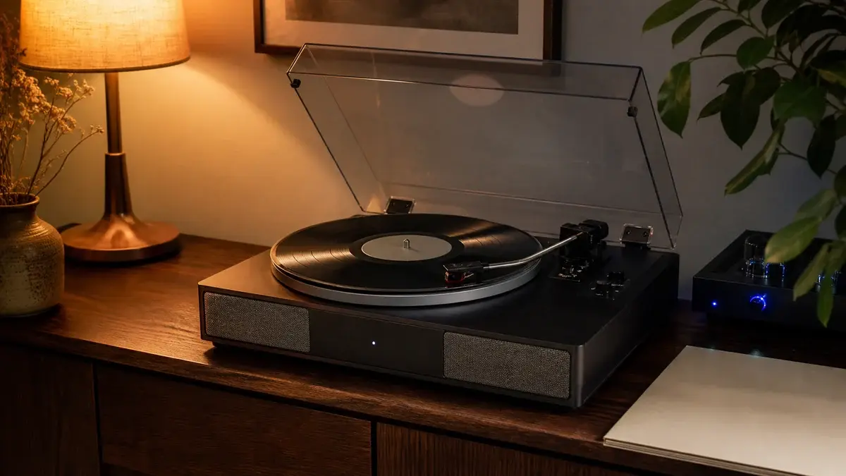 Platespiller med innebygde høyttalere, løftet støvlokk og vinylplate på valnøttbenk